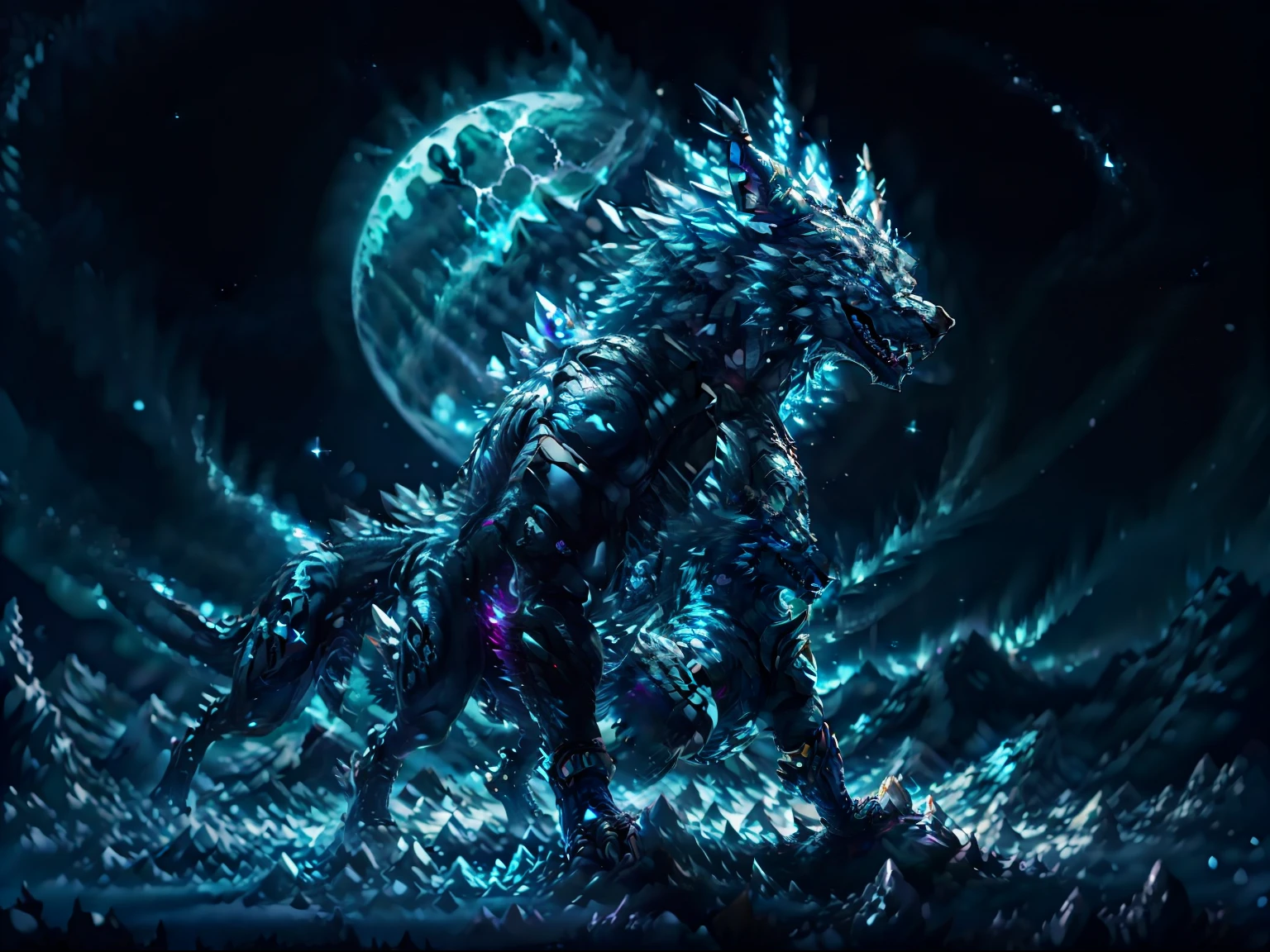 Metal Garurumon,best quality,ultra-detailed,metallic sheen,masterpiece:1.2,technological,blue color scheme,sharp focus,powerful and majestic,howling at the moon,in a snowy mountain peak,glowing electric blue eyes,sharp fangs,imposing metallic body,blue energy aura,icy breath,steaming mist,huge silver claws,sleek and aerodynamic design,dynamic pose,emitting sparks,sparkling snowflakes,stoic expression,crystal clear atmosphere,moonlit sky,icy wind,star-filled night,glacier backdrop,magnificent virtual landscape,neon lights,textured fur,enhanced cybernetic implants,wireframe elements,glittering  crystals,intricate circuit patterns,frost-covered trees,rocky outcrops,aurora borealis in the distance,frigid atmosphere,evoking a sense of power and danger,luminous details.