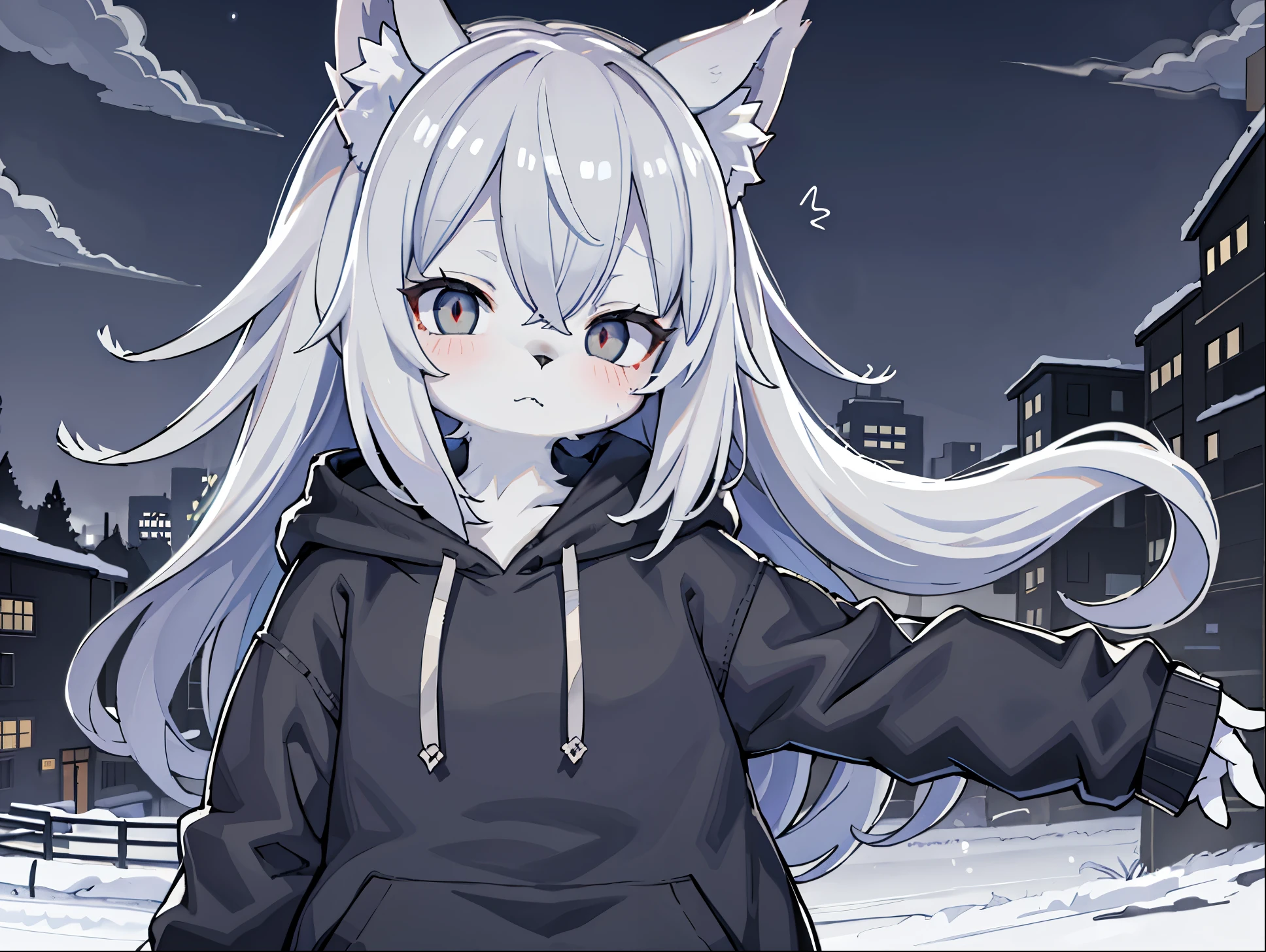 Wearing a patternless black hoodie、Mofumofuno、A little sleepy、looked lonely、He had gray hair and furry ears.、the eyes are blue、wolf girl。gray fur。the back is a little black。The wind is blowing。Hair is fluttering。