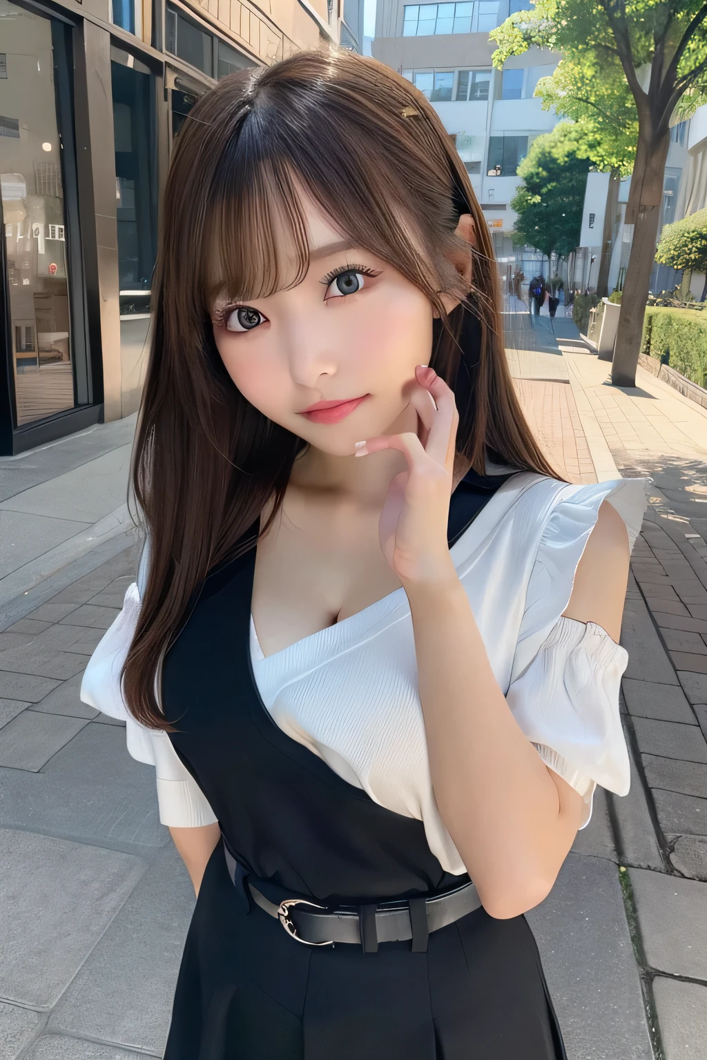 1girl in, Extremely cute face,​masterpiece, top-quality, Ultra-fine、Colossal tits, Brown hair、​masterpiece、flat-colors、depth of fields、lens flare 1 girl、Brown hair、Half-sleeved、a belt、big breasts wearing black suspenders、わきperspiring、perspiring、wall rack pants, 　Gaze、a small face、bangs upper eyelid、a miniskirt、Increased exposure、a park、stroll、ample breasts