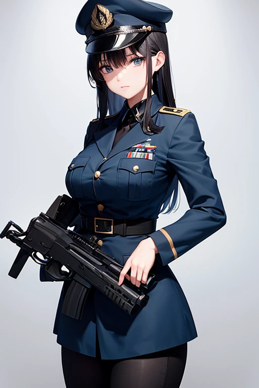 Dark blue Military Uniform, Black Hair, Breast, Military Cap, Gun