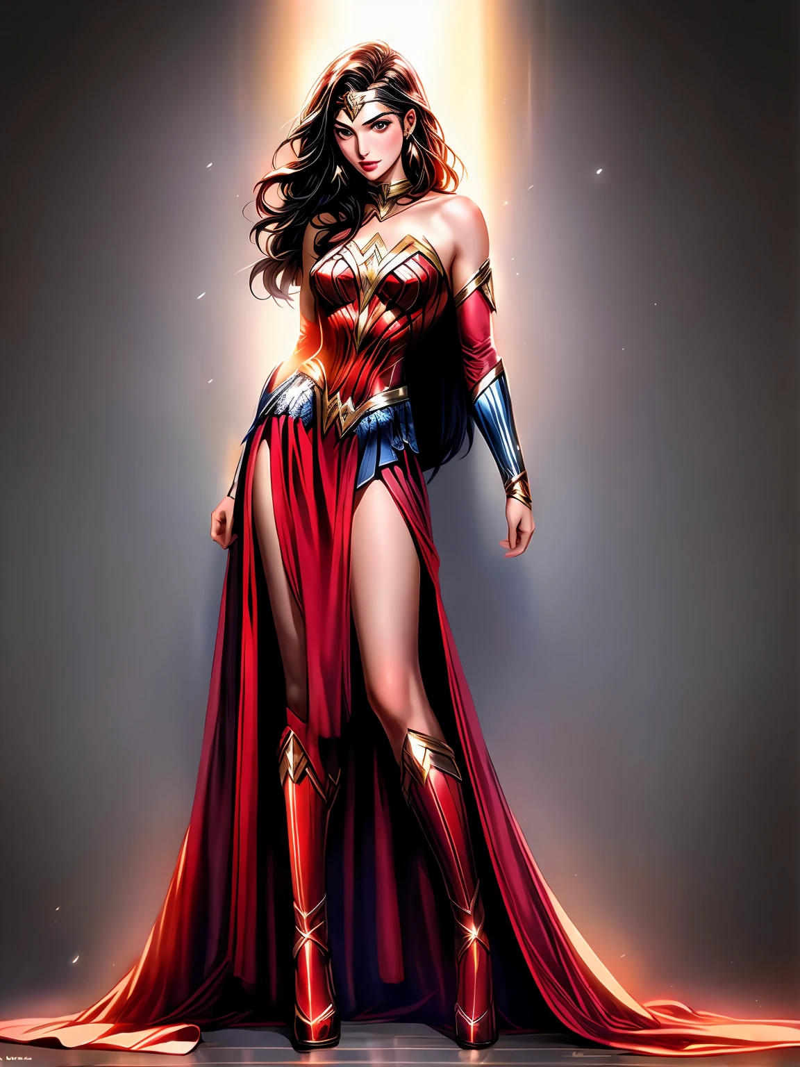 a woman in a costume is posing for a picture, full body photo((full body photo)), beautiful smile, wonder woman, gal gadot as hell lord, portrait of wonder woman, hybrid of gal gadot, gal gadot as wonder woman, sexy painting of gal gadot, photo of the beauty gal gadot, dressed as wonder woman, margot robbie as wonder woman, gal gadot, in the style artgerm