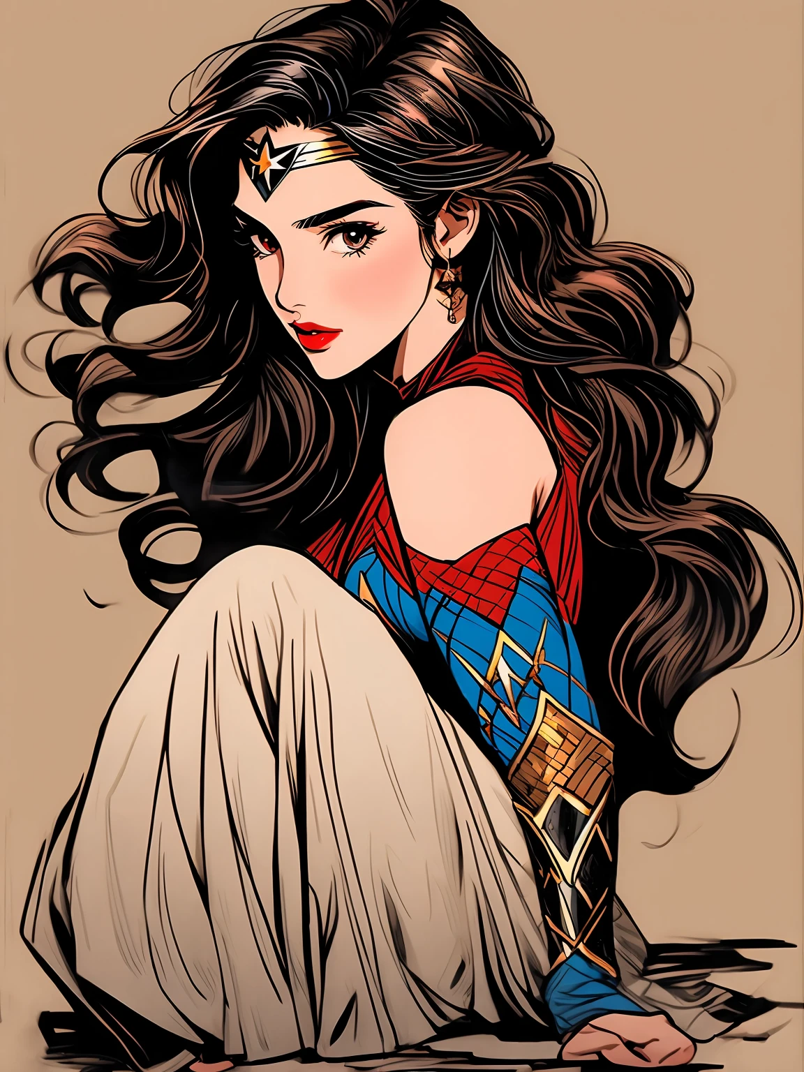 a woman in a costume is posing for a picture, full body photo((full body photo)), beautiful smile, wonder woman, gal gadot as hell lord, portrait of wonder woman, hybrid of gal gadot, gal gadot as wonder woman, sexy painting of gal gadot, photo of the beauty gal gadot, dressed as wonder woman, margot robbie as wonder woman, gal gadot, in the style artgerm