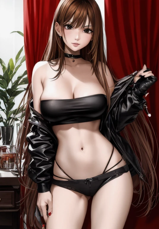 A beautiful adult woman with shoulder-length long hair, big breasts, beautiful legs, and a sharp face is wearing a black tube top that exposes her navel and hot pants shaped like black panties, and kisses an old man in a suit in a private room with her legs spread. doing。