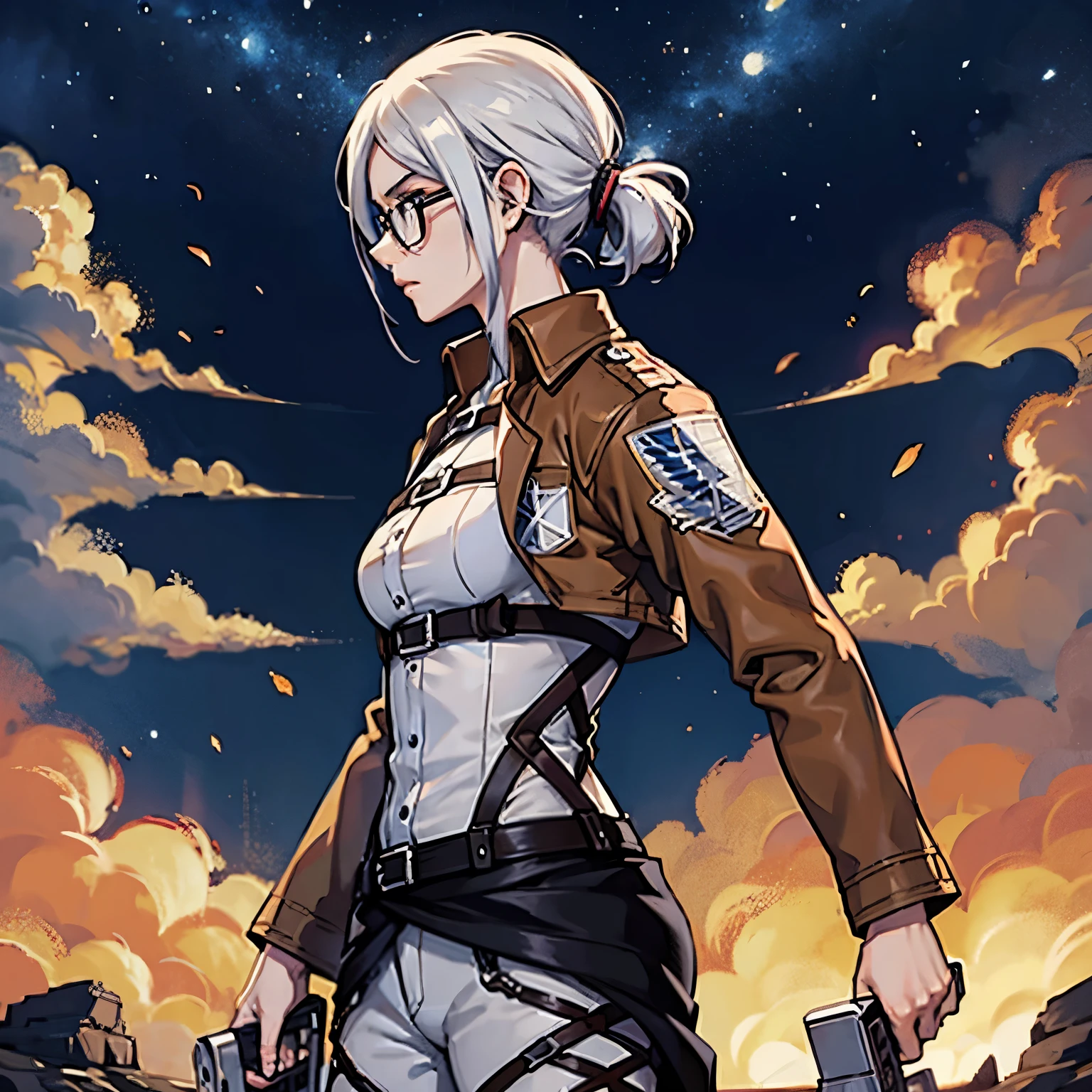 1 woman, white hair, Black glasses, serious face, Attack on Titan exploration clothing, Arms crossed, profile. Icon.