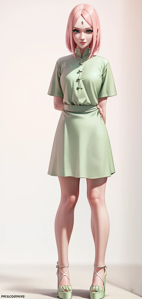 young woman, pale skin, long bubblegum pink hair, wide forehead, emerald green eyes, buttoned nose, peach lips, heart-shaped face, slender, green dress, Sakura Haruno, 3d, realism, angelic face, high-heeled shoes