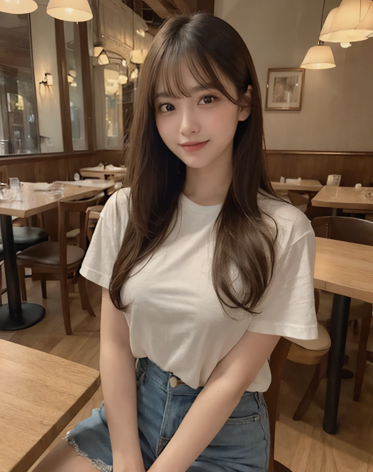 masterpiece, Best Quality, Illustration, Ultra-detailed, finely detail, high resolution, 8K Wallpaper, Perfect dynamic composition, Beautiful detailed eyes, Big breasts, Natural Color Lip, posing randomly, Smile, ((restaurant)), 20 years girl, full body shot, long hair, ((wearing causual t-shirt with short pants)), darker, looking in front, sitting on the chair