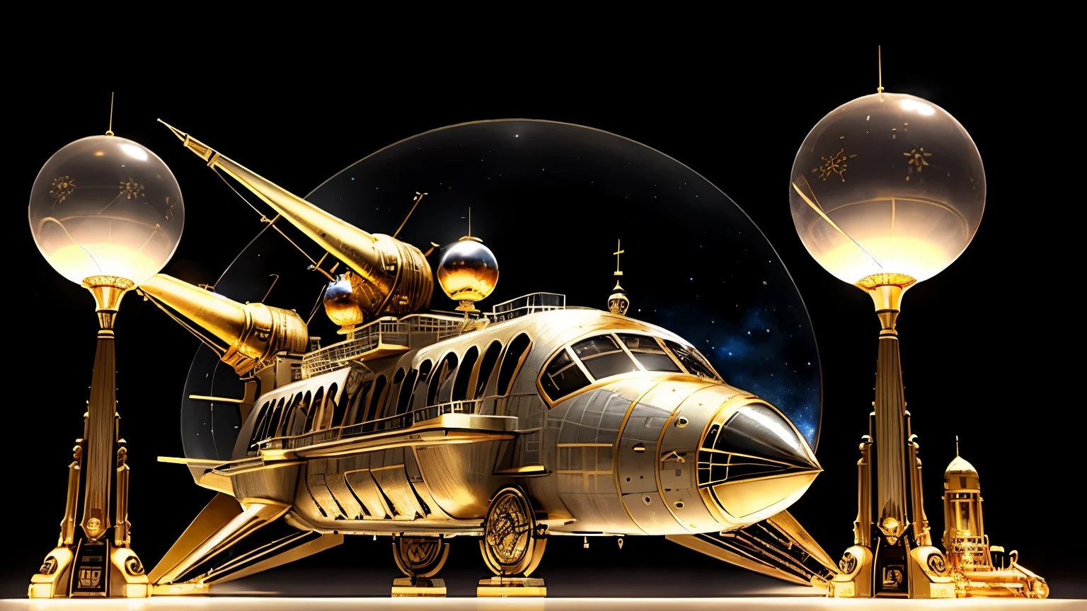 exterior of a steampunk space ship, sliver and gold, shaped like a dog bone with two glass globes at each end for passengers to look out of.