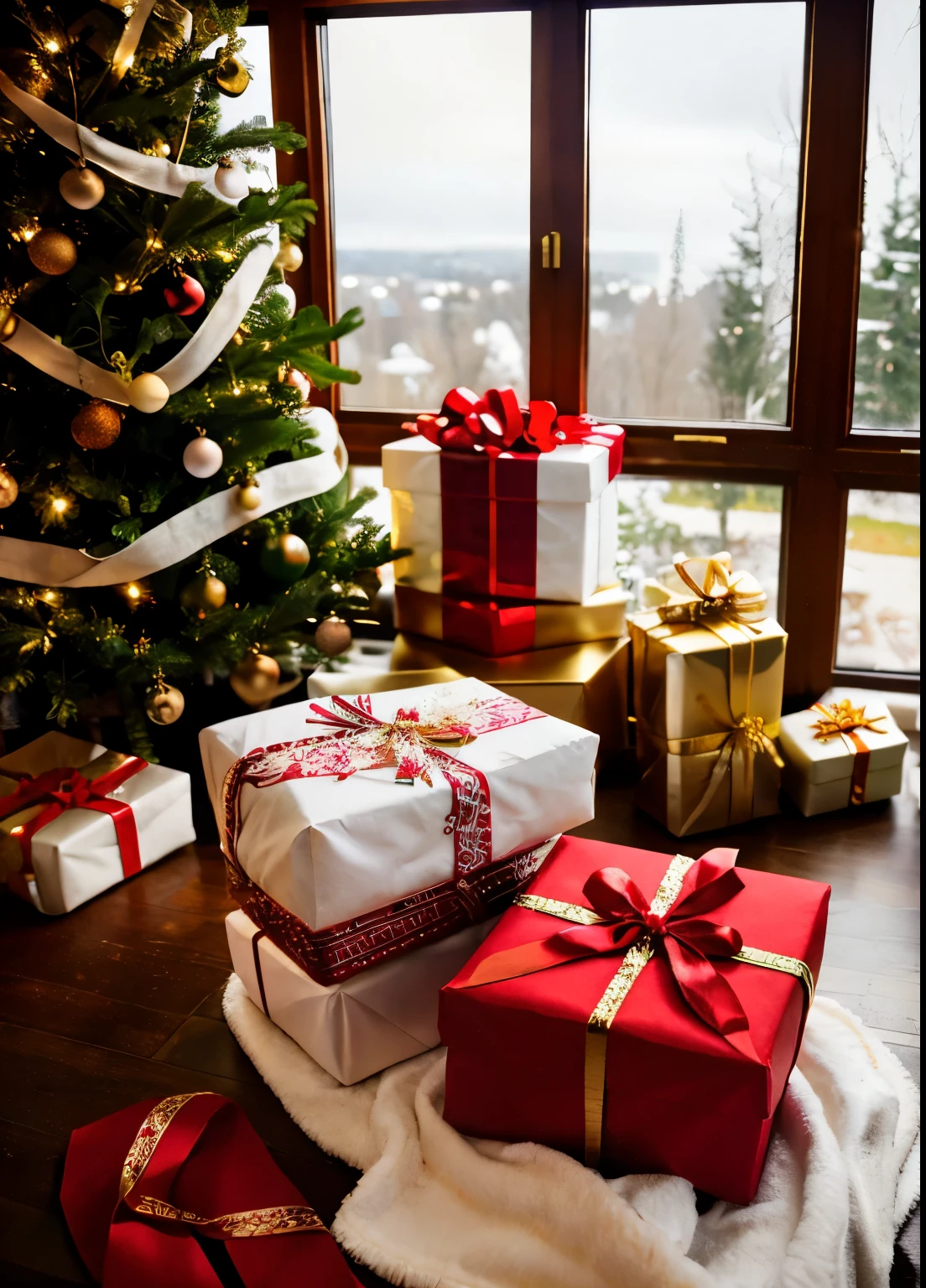 aesthetic christmas gifts, white gifts and red gifts with gold ribbon, some gifts have been opened, by a fireplace, in a beautiful expensive home, high ceilings, big windows, moody, photo quality, high-res, materpiece, best quality, intricate details, sharp focus, professional, beautifully edited iphone photo