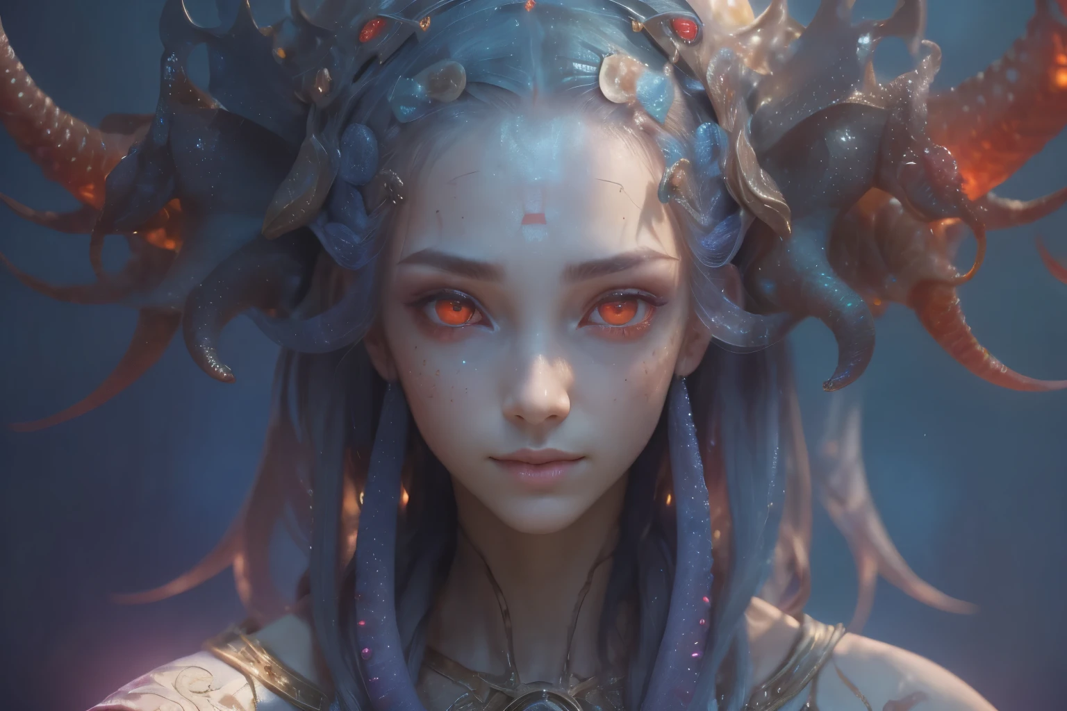 Portrait, (beautiful female alien:1.2), (There is a female genital-like organ in the middle of the forehead.:1.8), (The most beautiful face in the history of the universe:1.2), (scarlet eyes:1.6), (Translucent skin:1.8), an evil gaze that seduces , (red eyes:1.5), Full body like, (sexypose:1.5), alien, No humans, cells are fused, (Lots of translucent tentacles:1.1) (Translucent skin:1.3), extraterrestrial, cell, bio image, 魅惑的, Best Quality, 8K,4K_quality, High Definition, Dramatic Lighting, masutepiece:1.5,cinematic quality, detail up, (Intricate details:1.2), High resolution, High Definition, drawing faithfully, (Thick eyebrows:1.2), Beautiful eyes with fine symmetry, (Ultra detailed eyes:1.2),(Highly detailed face and eyes:1.2), (High-resolution red-eye:1.4), Intimate face, (Super detailed skin quality feeling:1.4), Perfect Anatomy, (Beautiful toned body:1.5), (Moist skin:1.2), No makeup, (dark circles:1.1), long canines, cinematic drawing of characters, ultra high quality model, cinematic quality, detail up, (Intricate details:1.2), High resolution, High Definition, drawing faithfully, Official art, Unity 8K wall , 8K Portrait, Best Quality, Very High resolution, ultra detailed artistic photography, midnight aura, unreal enginee 5, Ultra Sharp Focus, art by alberto seveso, ArtGerm, Roisch, intricate artwork, Medusa, best quality, masutepiece, ultra High resolution, (photos realistic:1.4), Ultra-realistic realism, dream-like, nautilus, Creation of fantasy, Snail, Dream Snail, biopunk nautilus, Thrilling color schemes, Ultra-realistic realism, seductively smiling, Blue tentacles