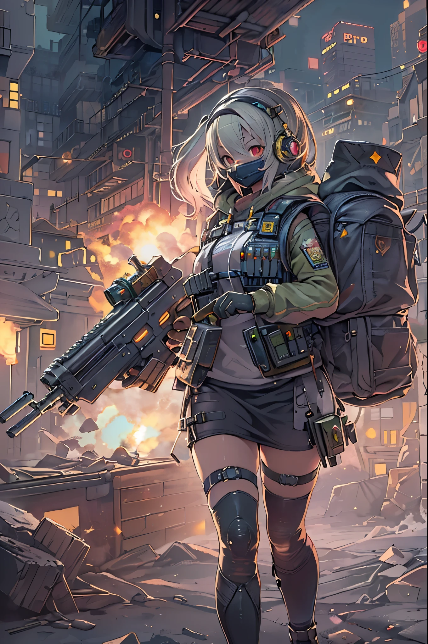 ((High quality)), ((masutepiece)), 8K, 2girls, bulletproof vest, llight rays, extremely detailed CG unity 8K wallpaper, Game CG, Looking at Viewer, gloves, long boots, Full body, Watch, a computer, Mask, drone, holding weapon, headphones, Jacket, (Background Destruction City , explosions , Smoke