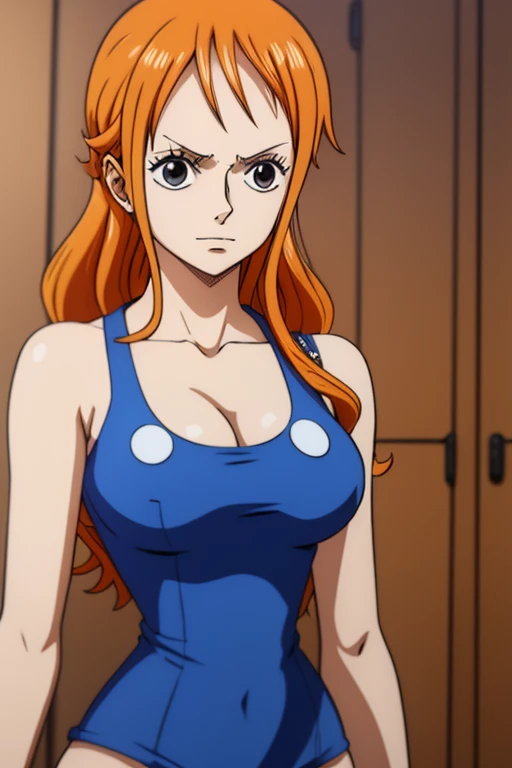 Nami from one piece, very light orange and yellowish haired girl,beautiful brown eyes, blushing cheeks, big breasts, large size , fully nude, no clothes 8k, milk stains on face, wet body, wet sperm on her face, blushing, bangle on wrist, sexy look towards camera, spreading her legs wide towards the camera, no extra or missing fingers or limbs, naked, no clothing, no shirt or pants or swimwear, wearing nothing, showing vagina with an anime penis inserted, showing vagina to camera, licking lips