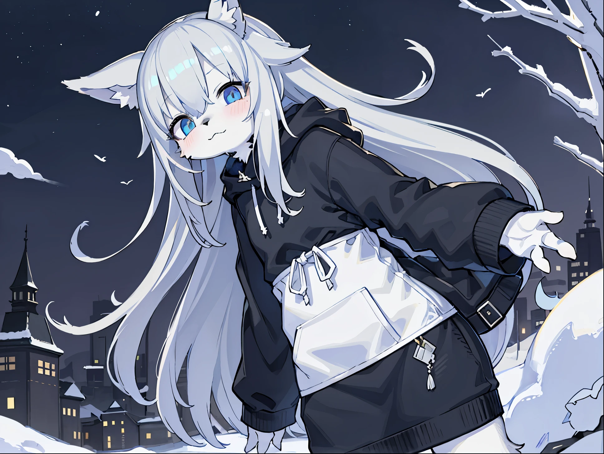 Wearing a patternless black hoodie、Mofumofuno、A little sleepy、looked lonely、He had gray hair and furry ears.、the eyes are blue、wolf girl。gray fur。the back is a little black。The wind is blowing。Hair is fluttering。
