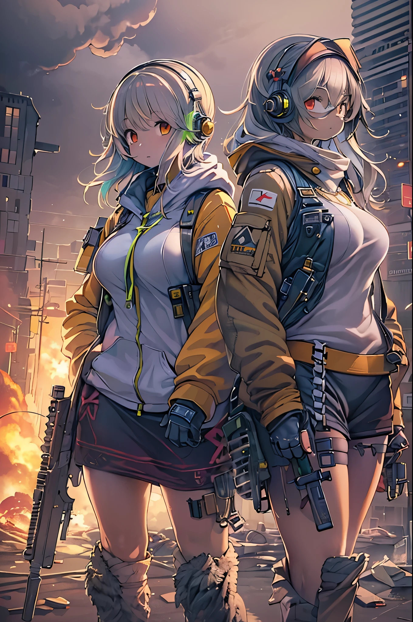 ((High quality)), ((masutepiece)), 8K, 2girls, bulletproof vest, llight rays, extremely detailed CG unity 8K wallpaper, Game CG, Looking at Viewer, gloves, long boots, Full body, Watch, a computer, Mask, drone, holding weapon, headphones, Jacket, (Background Destruction City , explosions , Smoke