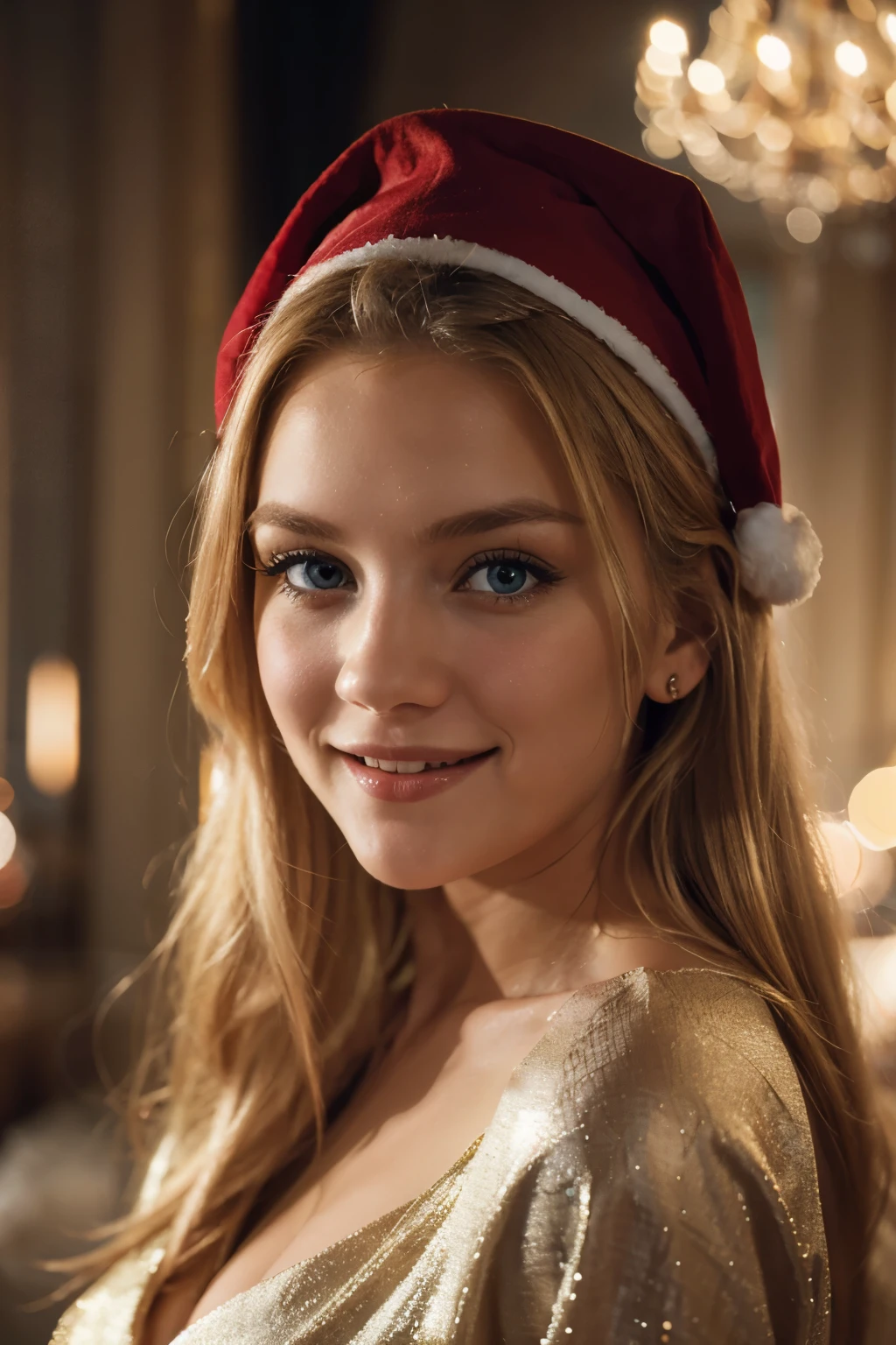 (realistic, photo-realistic:1.4),(8k, RAW photo, best quality, masterpiece:1.2), cute, ultra-detailed,heart-shaped pupils, physically-based rendering, ultra high res, kodakvision color, shot on Arricam LT Camera, bokeh, sharp focus, looking at viewer, photorealistic,realistic, solo, photorealistic, best quality,extremely detailed face,extremely detailed eyes and face, (blond girl,) clear eyes, beautiful detailed eyes,absurdres, incredibly absurdres,(haunting smile),Messy hair, floating hair, round clear big eyes, clear big eyes, moist red lips, sweet, girl, Full body, decorations,fluffy snow,rooftop,starry sky,peppermint candy canes,magical reindeer,enchanted forest,frosty breath,glowing fireplace,wrapping paper,ornaments,Christmas stockings,snow-covered ground,sleigh,shimmering snowflakes,delightful surprises,glittering ornaments,