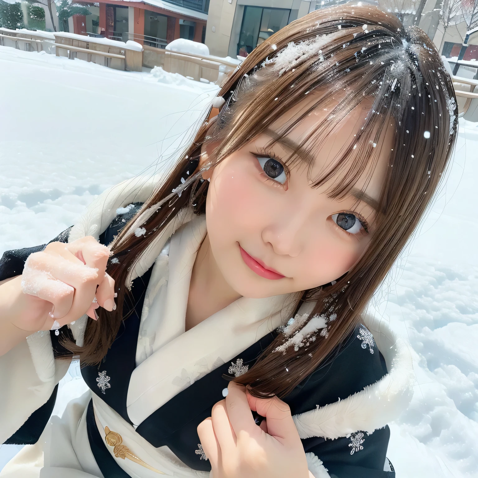 1girl in, Extremely cute face,masterpiece, top-quality, Ultra-fine,(Kimono)、Kimono based on white、(top-quality,masterpiece:1.3,超A high resolution,),(ultra-detailliert,Caustics),(Photorealsitic:1.4,RAW shooting,)Ultra-realistic capture,A highly detailed,high-definition16Kfor human skin、 Skin texture is natural、、The skin looks healthy with an even tone、 Use natural light and color,One Woman,japanes,,kawaii,A dark-haired,Middle hair,(depth of fields、chromatic abberation、、Wide range of lighting、Natural Shading、)、、(Falling snow:1.3)、(Hair swaying in the wind:1.2)、(Snow reflects light:1.3)、nogizaka、Beautiful black eyes:1.3、17-year-old schoolgirl