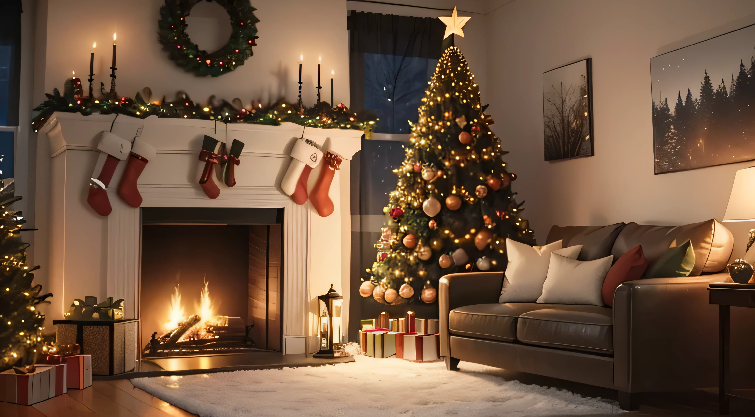 cozy home, in a livingroom, fireplace, big tree with a lot of christmas lights and bulbs, christmas atmospher, superrealistyc