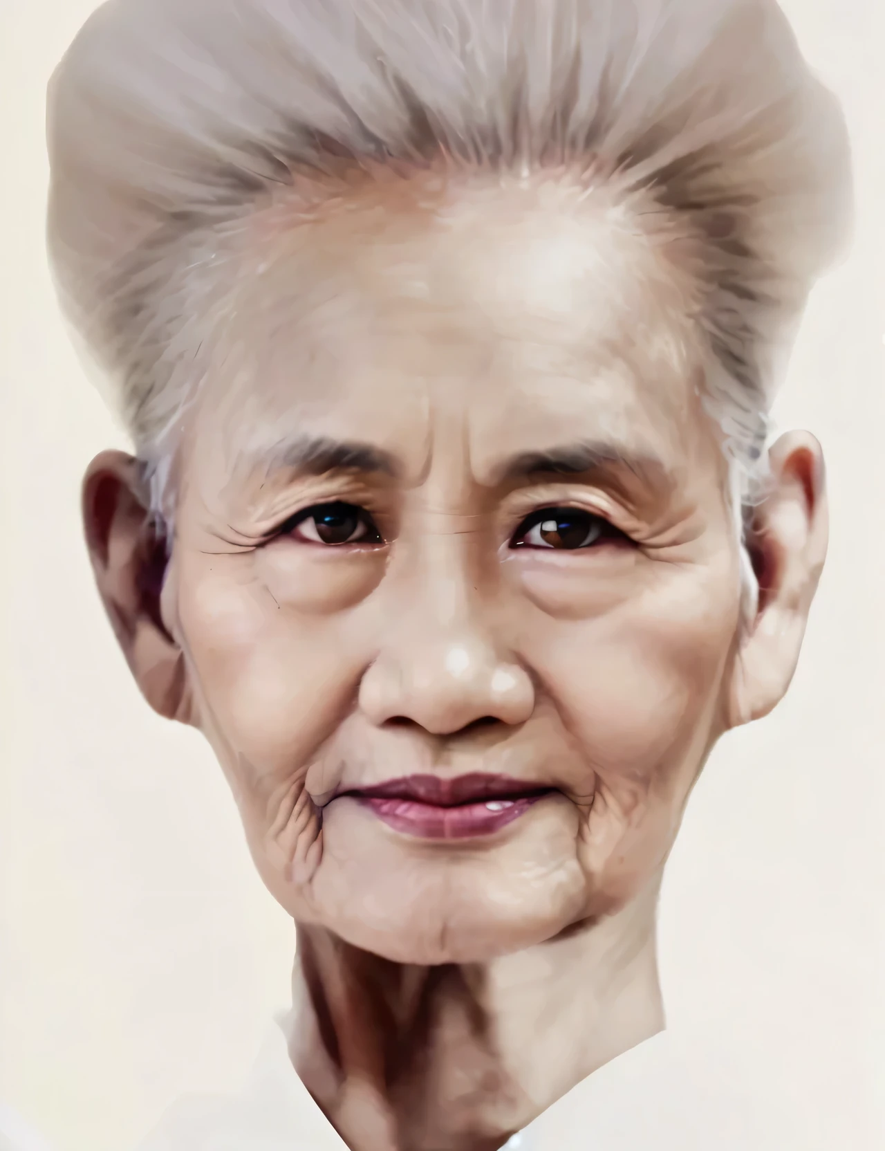 half body photo Stunning close-up of an 80-year-old traditional Thai woman, with short, gray hair on the sides, wearing a white cotton shirt with a round neck that fits snugly at the nape. The sleeves are cylindrical and half sleeve length. There is another white cloth draped from the left shoulder diagonally down under the right armpit. The face is straight, eyes looking towards the viewer. Realistic color photos, no makeup, natural Thai women. Blurred background of an ancient Thai temple professional photos Cinema-grade lighting