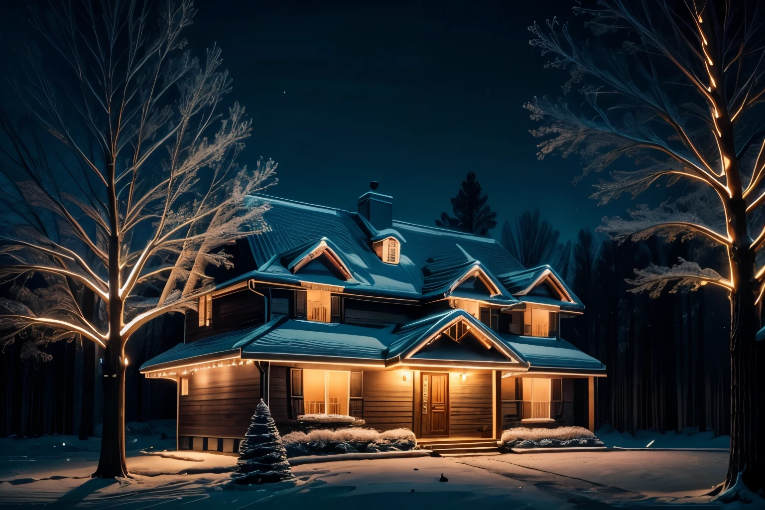 Christmas-style home decoration, no lighting in night room, only tree illumination, neon_outlines