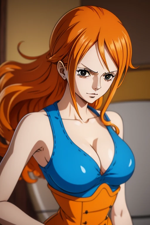 1 girl, nami one piece, roupas azuis, cabelos longos, orange hair, Realistic, de costas  olhando para os espectadores, corpo inteiro.