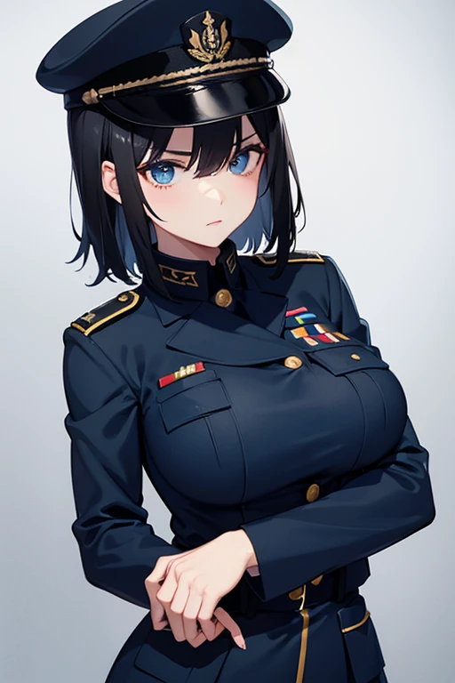 Dark blue Military Uniform, Black Hair, Breast, Military Cap