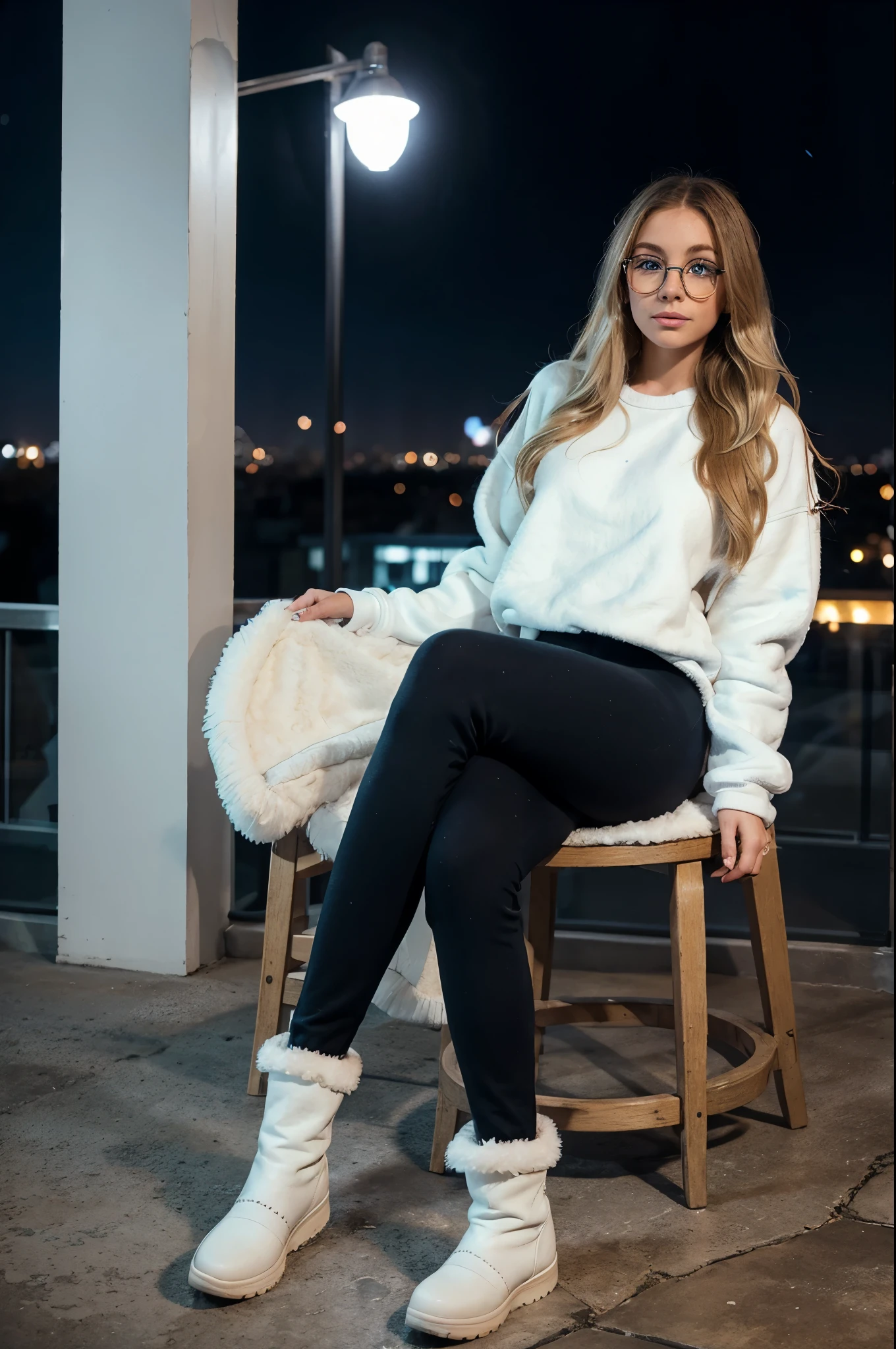1woman, ombré blonde balayage hair, beautiful blue eyes, freckled face, circle glasses, off-white sweatshirt, seamless black leggings, fuzzy faux fur boots, ugg style boots, night city background, full body portrait, raw photo.