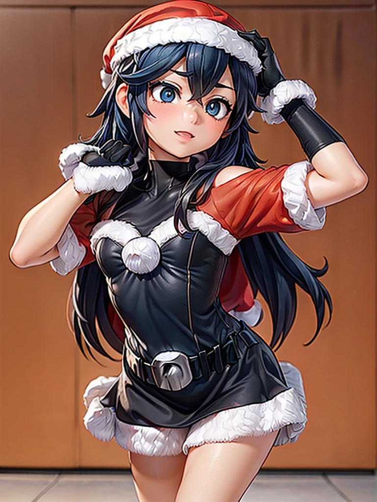 gran calidad ++ Extremely detailed high resolusionolution, very aesthetic, ojos expresivos, (((Cara perfecta))), (((face symmetrical))), ((good anatomy)), (((manos perfectas))), (((8k))), UHD, Fondo de pantalla HD, (((alta calidra detallada, (((1girl))), 1girl, solamente, Obra maestra, La mejor calidad, high resolusion, Altamente detallado, (illustration), hermosos ojos detallados, (((lucina fe))), labios brillantes, maquillaje, They are smiling, guantes largos de raso blancos hasta el codo, Disparo de vaquero, (santa), Santa Claus red dress, sombrero de Santa, Vestido sin tirantes, cuerpo completo, Guantes blancos de codo, (((usando un atuendo de Santa Claus con+sosteniendo una bolsa de regalo))), Dedos detallados, Dedos precisos, Manos no antinaturales, strange eye, ojos rojos, escote, colas gemelas de pelo negro,