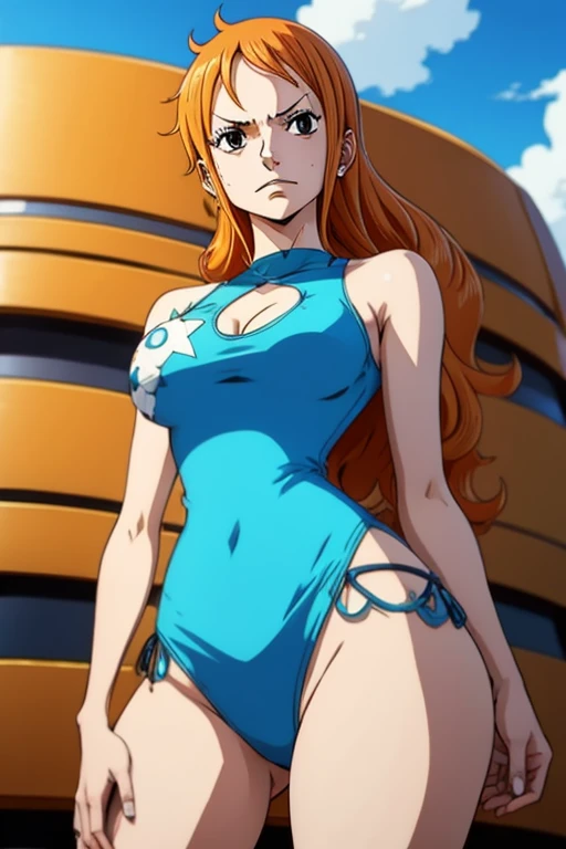 1 girl, nami one piece, roupas azuis, cabelos longos, orange hair, Realistic, de costas olhando para os espectadores, corpo inteiro.