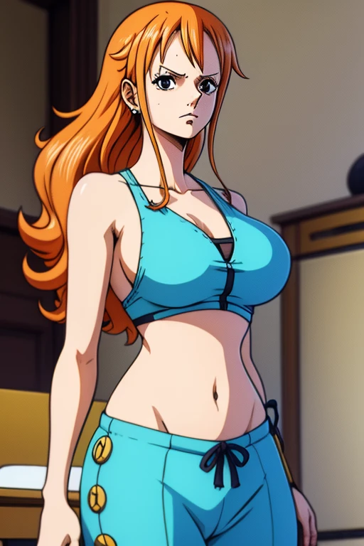 1 girl, nami one piece, roupas azuis, cabelos longos, orange hair, Realistic, de costas  olhando para os espectadores, corpo inteiro.