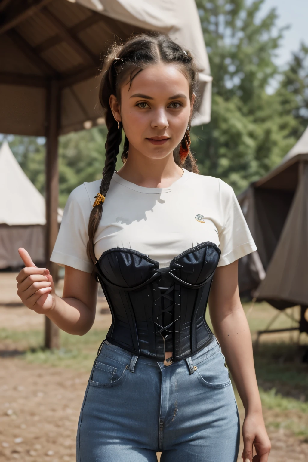 mulher cor de jambo, magra, 20s - Dreadlocks hair - black corset clothing style with a white short-sleeved t-shirt and jeans - on an 1890s camp consuming fresh vegetables real image