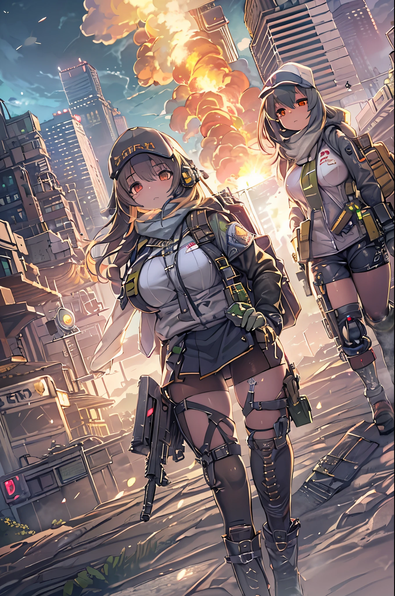 ((High quality)), ((masutepiece)), 8K, 2girls, bulletproof vest, llight rays, extremely detailed CG unity 8K wallpaper, Game CG, Looking at Viewer, gloves, long boots, Full body, Watch, a computer, drone, holding weapon, headphones, Jacket, (Background Destruction City , explosions , Smoke