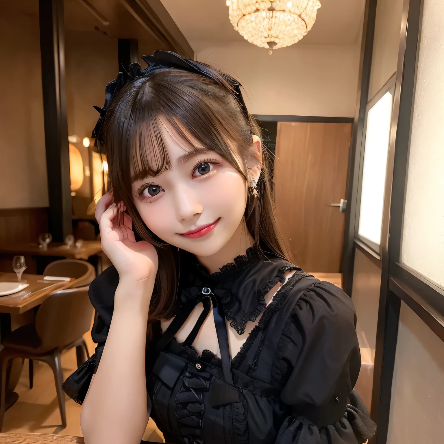 1girl in, Extremely cute face,​masterpiece, top-quality, Ultra-fine, extremely bright backlight, Solo, {Beautiful and detailed eyes}, Large breasts, Dazzling moonlight, Calm expression, Natural and soft light, Hair blown in the breeze, Delicate facial features, Blunt bangs, Beautiful Korean Girl, Smile in the eyes, very small earrings,(wearing a black lolita dress:1.3) ,sixteen years old, Film grain, Real Hand,Shy smile,Sexy Posing、nogizaka、Beautiful black eyes:1.３、17-year-old schoolgirl、Inside the restaurant、Cheerful atmosphere、The lighting is sparkling
