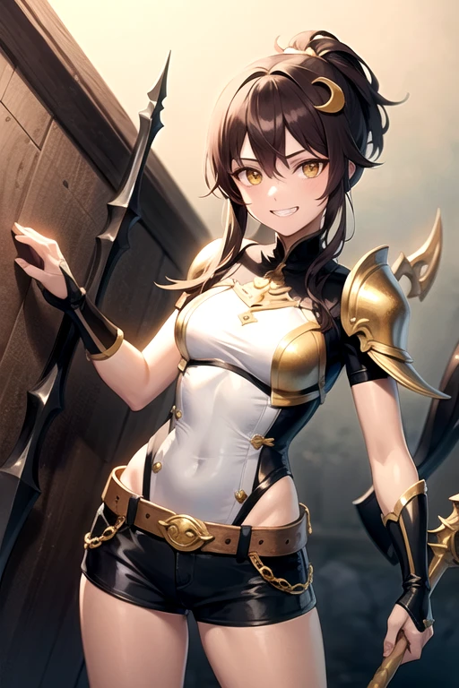 ponytail, kanzashi, crescent hair ornament, hair tie, yellow eyes, grin, anime, chiaroscuro, masterpiece, Brown hair, strike, trident-shaped spear, shield, leather armor, short shorts