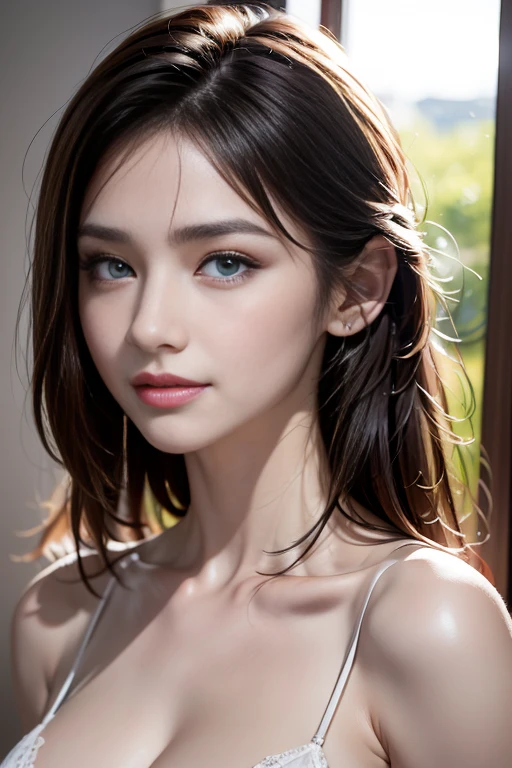 (high-level image quality, high-detail, high quality, high resolution, Draw everything in high resolution), full body, standing, (huge breast:1.6), cleavage, Very intense crystal light blue eyes, Very pale blue eyes, pink heart-shaped earrings, Look firmly at the camera, Put your ears out, short black hair with a beautiful sheen, Beautiful very short beautiful hair with bangs, Show off all the beautiful décolletés, Beautiful 24 years old, lip gloss, long neck, happily laughing, Smiling very happily, Beautiful teeth alignment, Beautiful teeth, Beautie, Pretty Woman, Negligee, illuminate the back with very strong light from the windowsill, Very immaculate background, Really snow-white background, Slightly bigger eyes, Brings intense light to the eyes, Beauty with slightly wider shoulders, tall supermodel, Long-legged supermodel, Female sexy, Turn your face slightly to the side, Very mature and beautiful woman, Very small face, fox ear