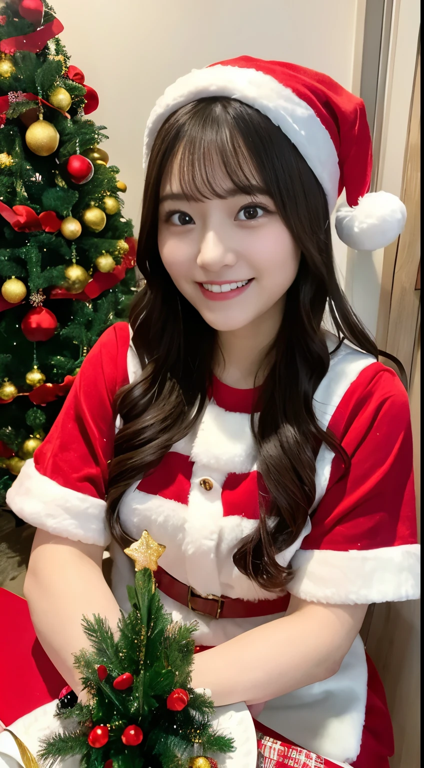 One dark-haired girl in a Santa hat and Santa dress looking at me with a smile,
Christmas dinner is on the table in a room with a Christmas tree,