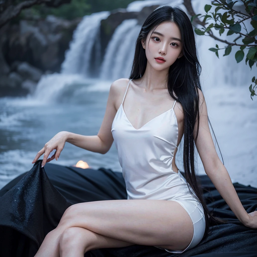 Master quality, Highest quality, Best picture quality, Exaggerated details, Goddess Moonlight Asian little girlsion is shy,a close up of a , Super beautiful girl with(Long hair / Very, Very exaggerated and tight, Round breasts) , Pose in front of the camera, possessed , Wet breast wear, Wet-breasted Hanfu open V-chested clothes, full-body xianxia, Wet body of thin silk fabric, Thin silk lace petticoat, ella