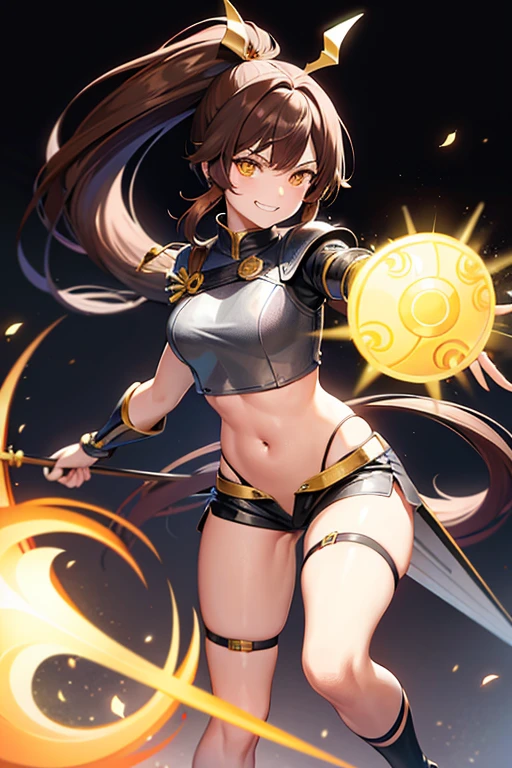 Cute brown Woman, with hair made of fire, green eyes like light, flying, sky Background