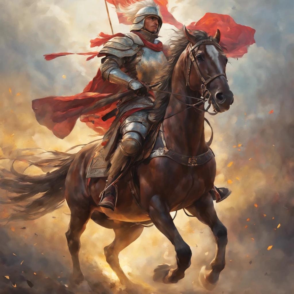 (a brave,Polish,lancer),oil painting,portrai quality,highres),vivid colors,sharp focus,studio lighting,ultra-detailed,extreme detail description,glowing armor,imposing posture,horse riding,historical background,splendid scenery,expressive face,noble expression,emotionally charged,heroic figure,sword raised high,fiery eyes,battlefield dust,classical-style costume,ornate lance,banner fluttering in the wind,threatening presence,action-packed scene,strong sense of movement,galloping horse,dramatic lighting,authentic atmosphere