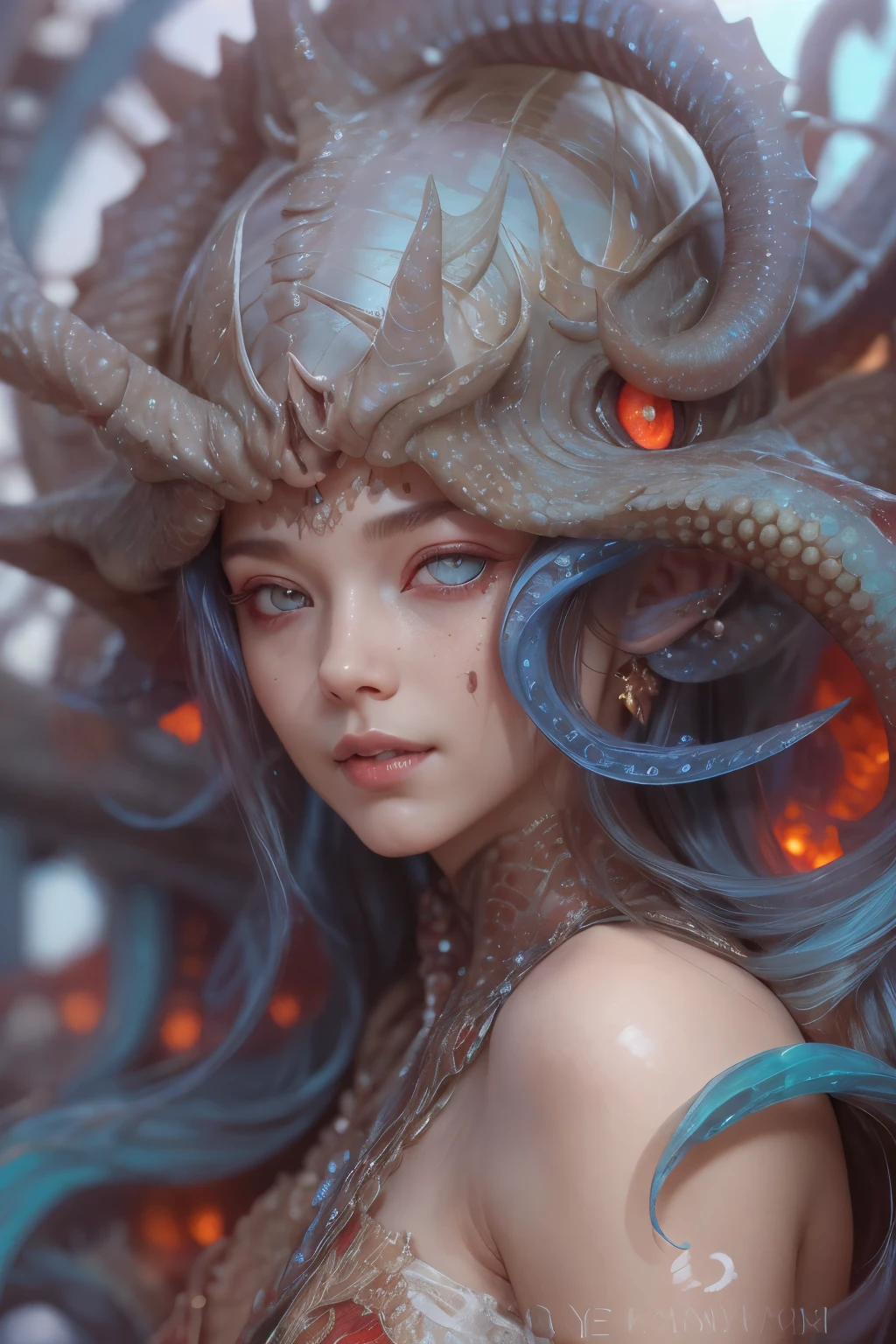 Portrait, (beautiful female alien:1.2), (There is a female genital-like organ in the middle of the forehead..:1.8), (The most beautiful face in the history of the universe:1.2), (scarlet eyes:1.6), (Translucent skin:1.8), an evil gaze that seduces , (red eyes:1.5), Full body like, (sexypose:1.5), alien, No humans, cells are fused, (Lots of translucent tentacles:1.1) (Translucent skin:1.3), extraterrestrial, cell, bio image, 魅惑的, Best Quality, 8K,4K_quality, High Definition, Dramatic Lighting, masutepiece:1.5,cinematic quality, detail up, (Intricate details:1.2), High resolution, High Definition, drawing faithfully, (Thick eyebrows:1.2), Beautiful eyes with fine symmetry, (Ultra detailed eyes:1.2),(Highly detailed face and eyes:1.2), (High-resolution red-eye:1.4), Intimate face, (Super detailed skin quality feeling:1.4), Perfect Anatomy, (Beautiful toned body:1.5), (Moist skin:1.2), No makeup, (dark circles:1.1), long canines, cinematic drawing of characters, ultra high quality model, cinematic quality, detail up, (Intricate details:1.2), High resolution, High Definition, drawing faithfully, Official art, Unity 8K wall , 8K Portrait, Best Quality, Very High resolution, ultra detailed artistic photography, midnight aura, unreal enginee 5, Ultra Sharp Focus, art by alberto seveso, ArtGerm, Roisch, intricate artwork, Medusa, best quality, masutepiece, ultra High resolution, (photos realistic:1.4), Ultra-realistic realism, dream-like, nautilus, Creation of fantasy, Snail, Dream Snail, biopunk nautilus, Thrilling color schemes, Ultra-realistic realism, seductively smiling, Blue tentacles