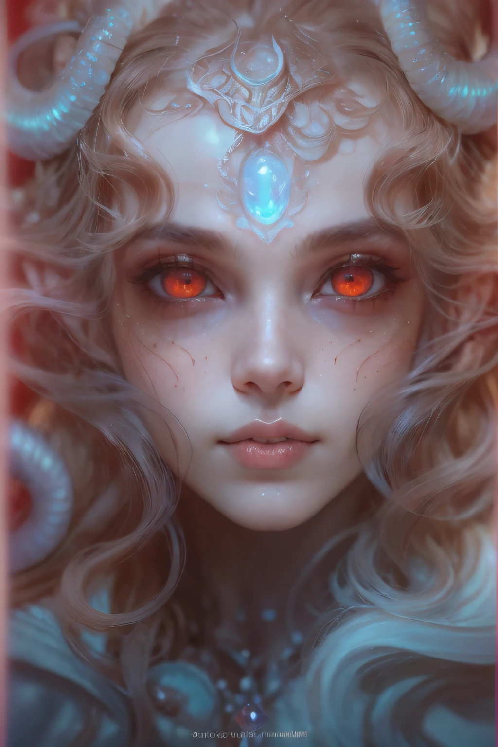 Portrait, (beautiful female alien:1.2), (There is a female genital-like organ in the middle of the forehead..:1.8), (The most beautiful face in the history of the universe:1.2), (scarlet eyes:1.6), (Translucent skin:1.8), an evil gaze that seduces , (red eyes:1.5), Full body like, (sexypose:1.5), alien, No humans, cells are fused, (Lots of translucent tentacles:1.1) (Translucent skin:1.3), extraterrestrial, cell, bio image, 魅惑的, Best Quality, 8K,4K_quality, High Definition, Dramatic Lighting, masutepiece:1.5,cinematic quality, detail up, (Intricate details:1.2), High resolution, High Definition, drawing faithfully, (Thick eyebrows:1.2), Beautiful eyes with fine symmetry, (Ultra detailed eyes:1.2),(Highly detailed face and eyes:1.2), (High-resolution red-eye:1.4), Intimate face, (Super detailed skin quality feeling:1.4), Perfect Anatomy, (Beautiful toned body:1.5), (Moist skin:1.2), No makeup, (dark circles:1.1), long canines, cinematic drawing of characters, ultra high quality model, cinematic quality, detail up, (Intricate details:1.2), High resolution, High Definition, drawing faithfully, Official art, Unity 8K wall , 8K Portrait, Best Quality, Very High resolution, ultra detailed artistic photography, midnight aura, unreal enginee 5, Ultra Sharp Focus, art by alberto seveso, ArtGerm, Roisch, intricate artwork, Medusa, best quality, masutepiece, ultra High resolution, (photos realistic:1.4), Ultra-realistic realism, dream-like, nautilus, Creation of fantasy, Snail, Dream Snail, biopunk nautilus, Thrilling color schemes, Ultra-realistic realism, seductively smiling, Blue tentacles