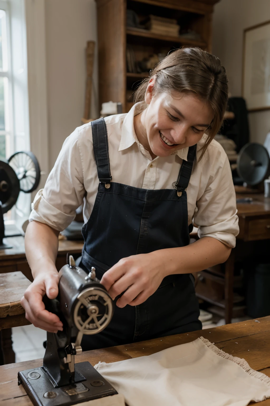 laughing donald trump working on antique dirty sewing machine