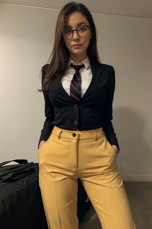 Hyperealistic milf woman in her 50years, in a ultra thin suit, and BH , spreading her legs , glasses and neck tie in black yellow suite, showing also her pants