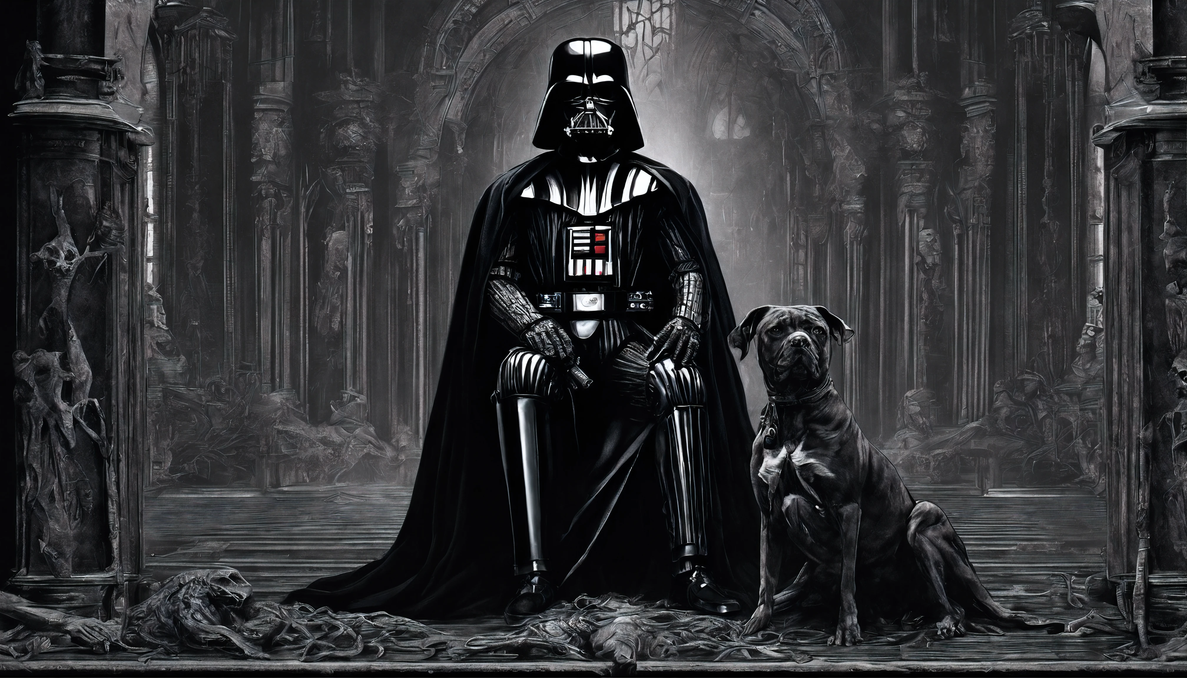 Darth Vader holding a Pitbull