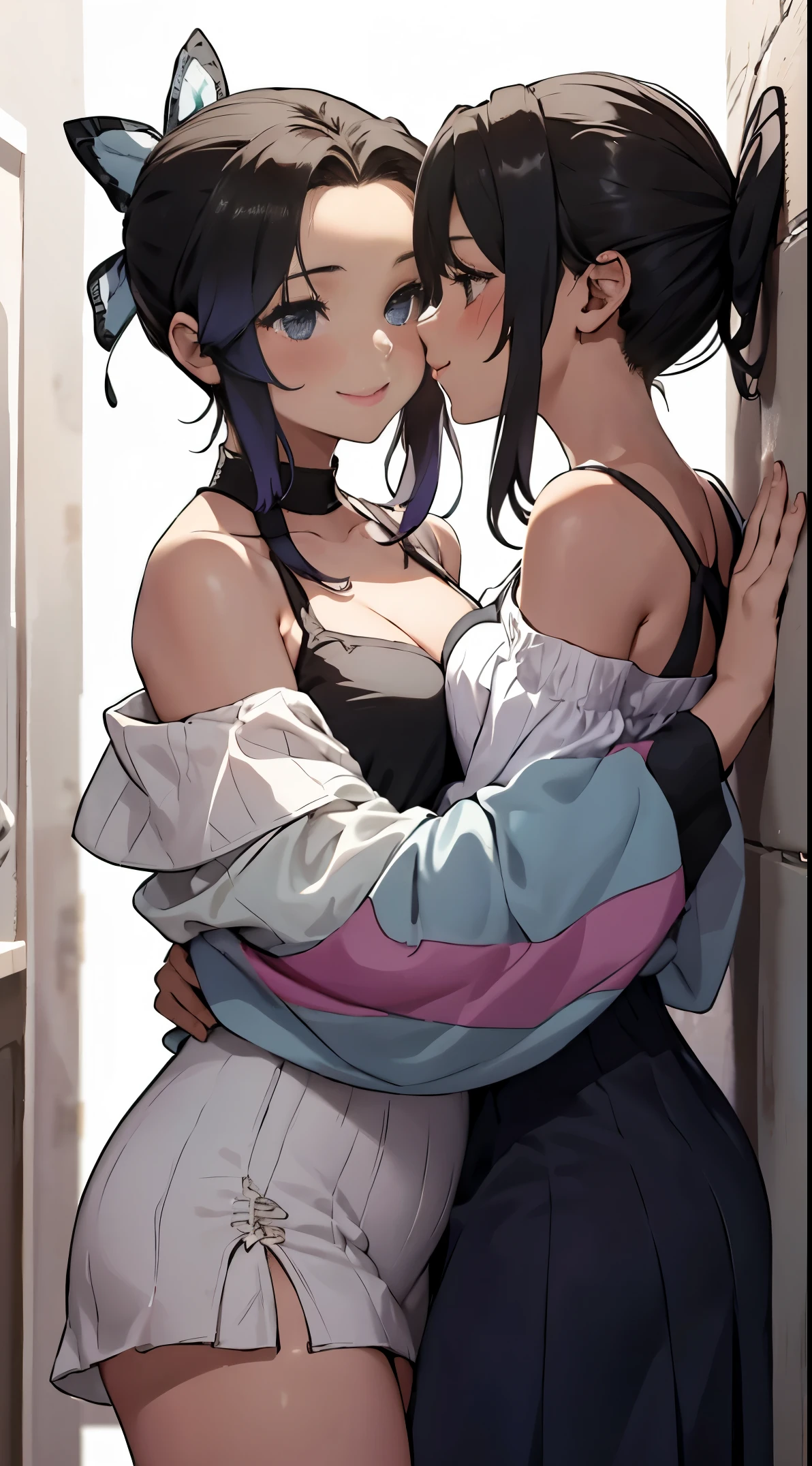 Off-the-shoulder attire，，The large，，A girl and another girl are kissing，hugging each other tightly，kissing each other very passionately，Two lesbians，The two hugged each other against the wall