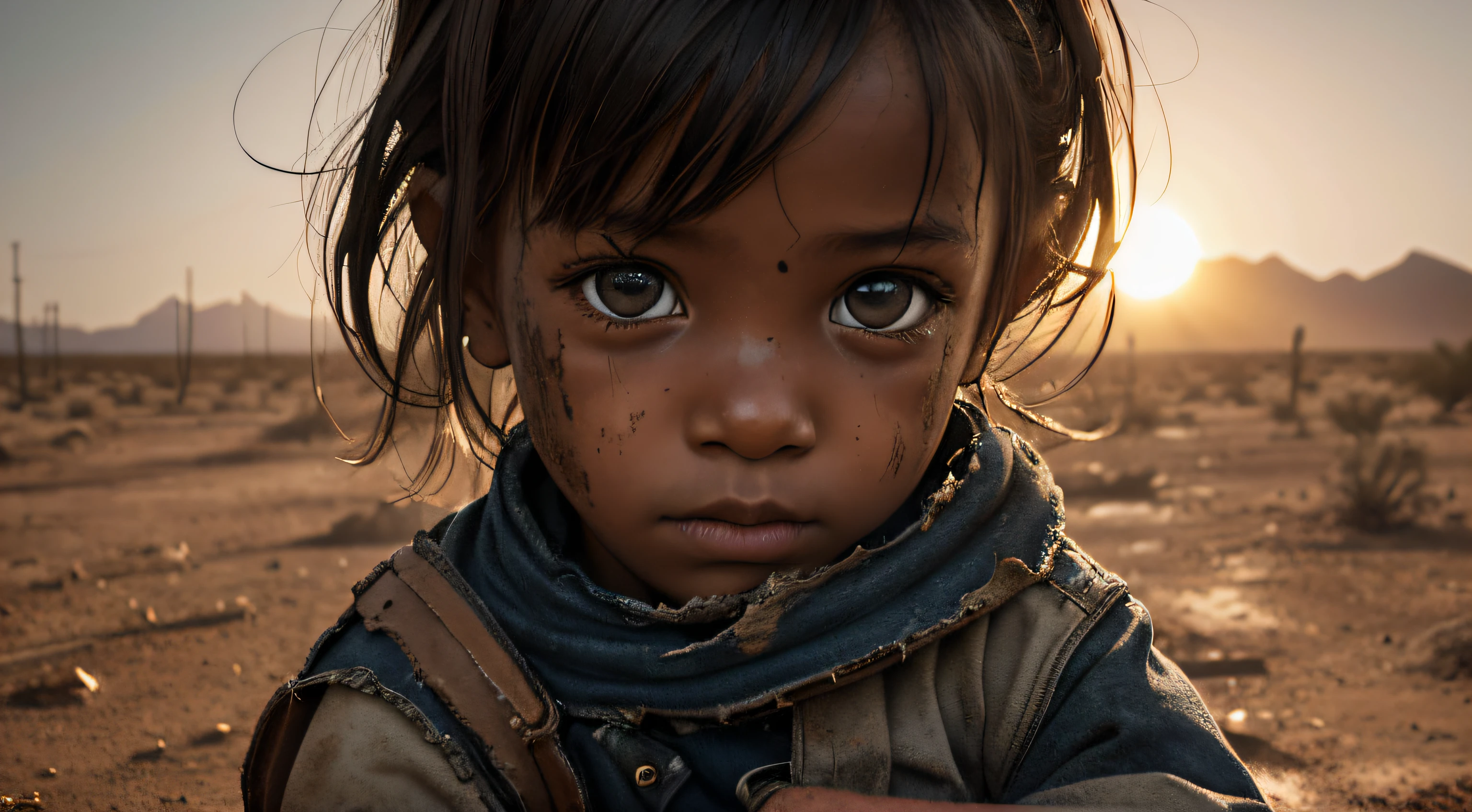 RAW photo, post-apocalyptic, close-up portrait photo of a CHILD HOLDING A PUPPY ON HIS LAP, in dirty, tattered clothes, a burning desert landscape, dust storms, a scorching sun, intense color, (highly detailed skin: 1.2 ), 8k uhd, dslr, soft lighting, high quality, film grain, Fujifilm XT3