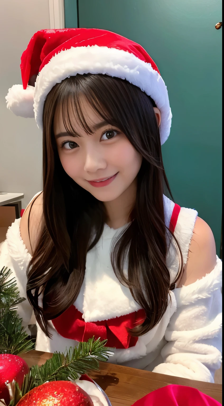 One dark-haired girl in a Santa hat and Santa dress looking at me with a smile,
Christmas dinner is on the table in a room with a Christmas tree,