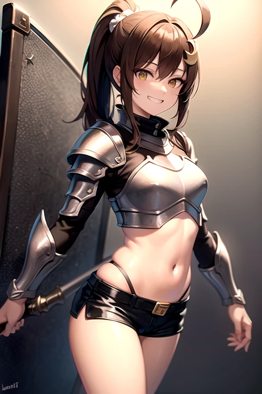 long ponytail, kanzashi, crescent hair ornament, hair tie, yellow eyes, grin, anime, chiaroscuro, masterpiece, Brown hair, strike, trident-shaped spear, shield, leather armor, short shorts, exposed belly