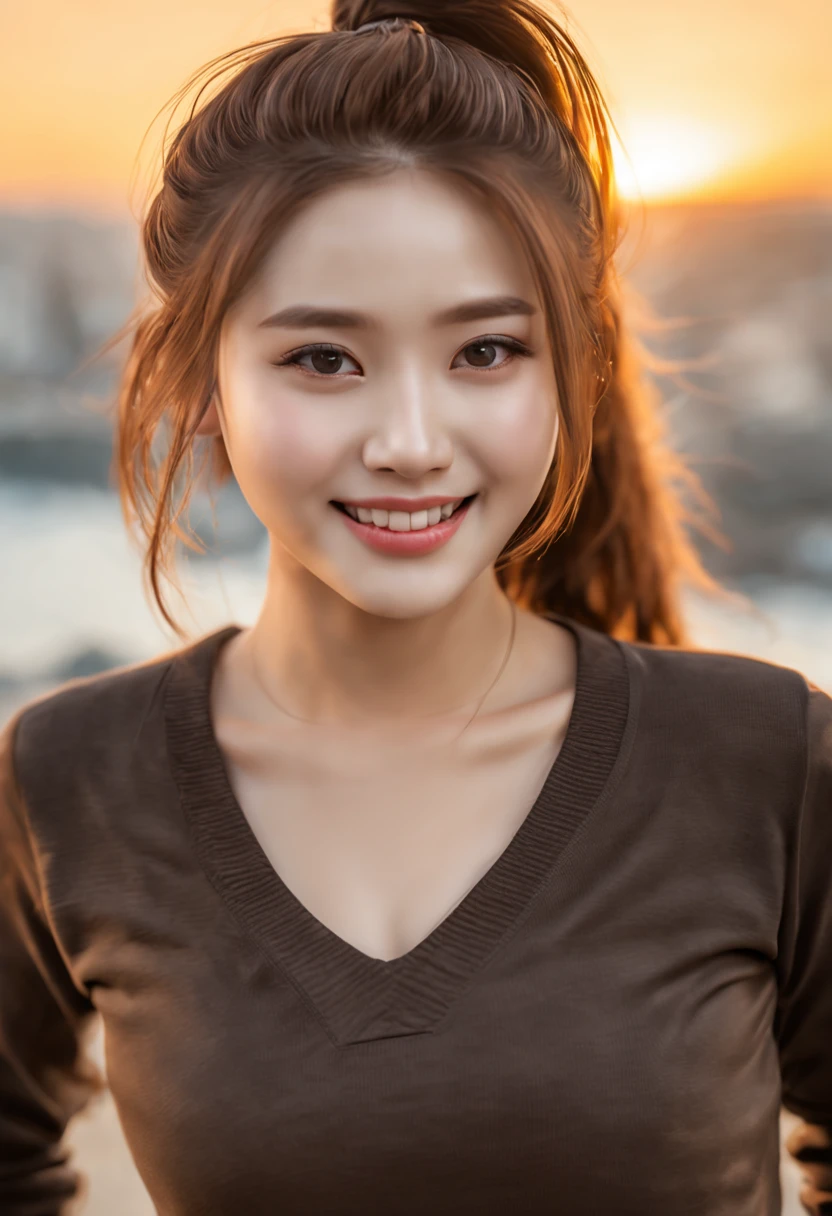 Best quality at best, 超k hd, (realisticlying:1.4),Sunset sun, pony tails, korean female, detailed photograph, Smiling, sexy for, black shirt, facing at the camera, closeup cleavage (tmasterpiece: 1.3), (8K, realisticlying, Best quality at best: 1.4), (1个Giant Breast Girl), pretty face, (Realistic face), (brunette color hair, short detailed hair: 1.3), Beautiful hairstyle, realisticlying的眼睛, beatiful detailed eyes, (realisticlying的皮肤), Beautiful skins, (Sweaters), hoang lap, Attractive, 超高分辨率, hyper realisitc, k hd, the golden ratio