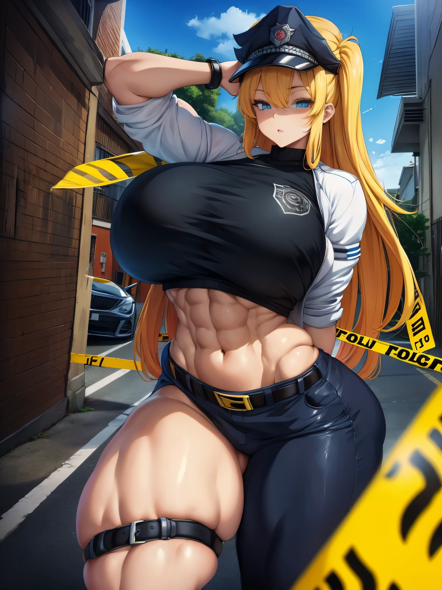 masutepiece, best quality, highly detailed, Cowboy Shot, Portrait, text saying "Do not cross"
harems, police woman, large breasts, Petite, White jacket, (beltbra:1.2),(caution tape:1.3), deep skin, Skindentation,
BREAK
city, alleyway, Red_And_Blue_A light, (police_Car:1.2), siren, syota_Scene, Night, Dark theme, ty), (Clouds), Add_detail:1,Hair over one eye, Colossal tits, Tits, Hyper Maximum Size_breasts!! with the type of boobs_melons, wide hips, Huge ass, thick legs,