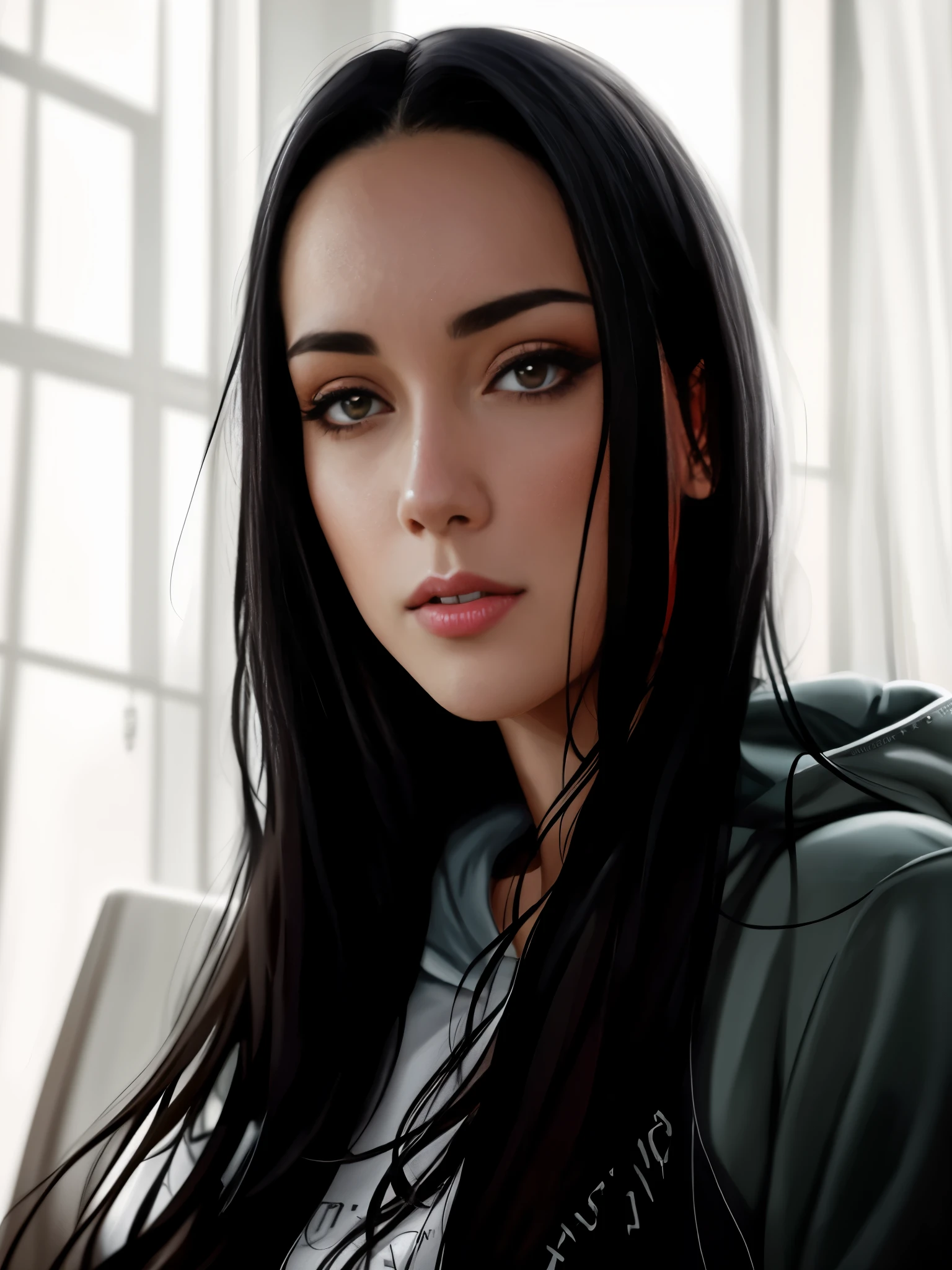 Picture of a woman with long black hair and a hoodie, realistic digital painting, Black-haired girl in hoodie, realistic art style, ultra realistic digital painting, realistic female portrait, realistic portrait, photorealistic digital painting, realistic cute girl painting, very Realistic digital art, Realistic digital art, digital fantasy portrait, Realistic digital drawing, realism art style, High Quality Portrait