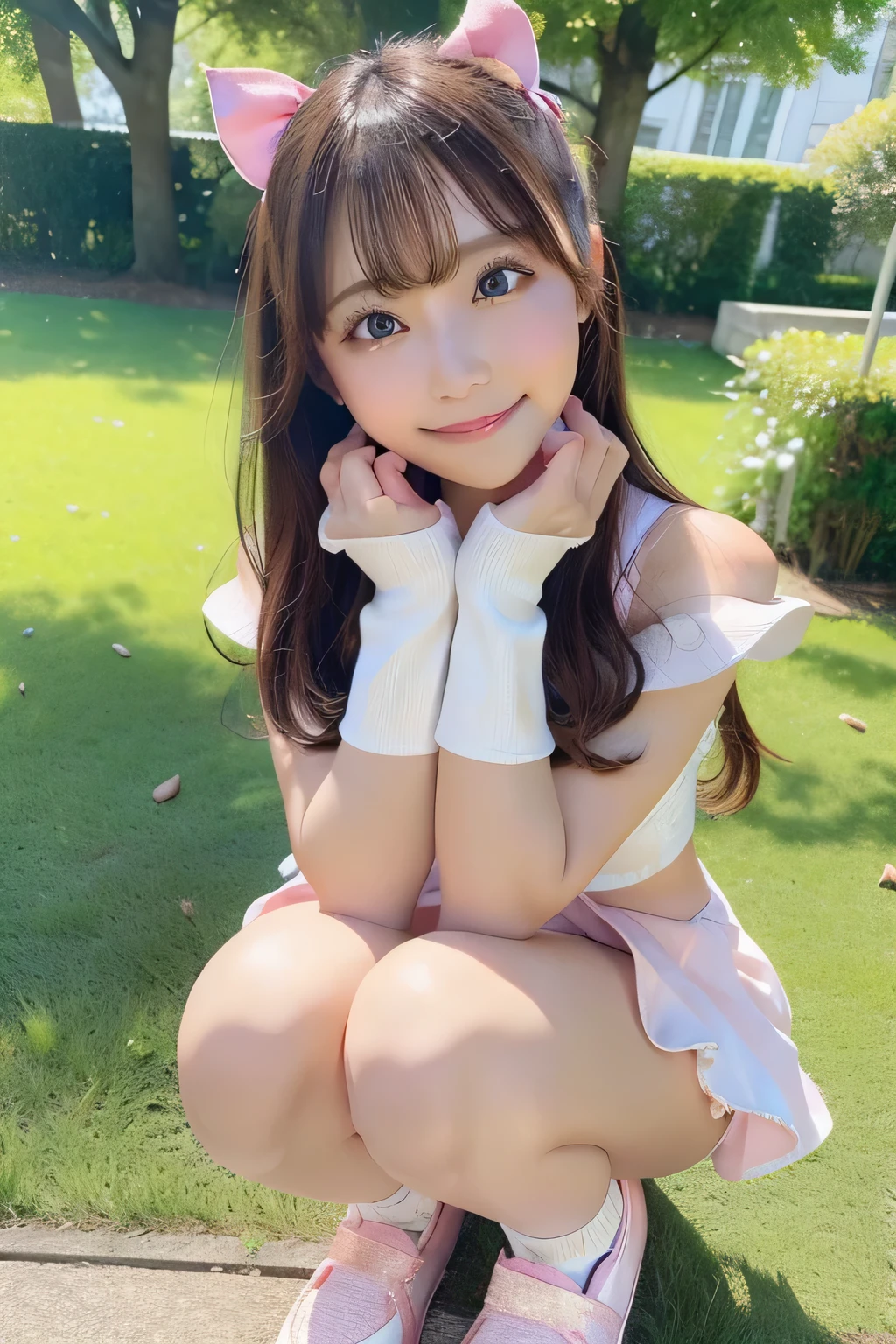 full body Esbian、(Top image quality、The ultra-detailliert、highly detailed and beautiful、超A high resolution:1.2)、(cute little、kawaii:1.3)、(very detailed beautiful face and eyes:1.2)、({white and pink metallic}Cheerleader Costumes:1.3)、((espadrilles)).(Shyly smiling face、{A dark-haired|brown haired}、With bangs、loose twin tails、(((Squatting on the ground)))、(((Open your knees from side to side)))、Shooting from front、profetional lighting、Professional filming、Girl in the park、Cute smile、masterpiece、8K、Delicate body、Detailed hand、Showing the navel、nogizaka、Beautiful black eyes:1.3、-yeld sc
